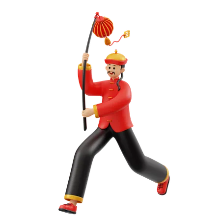 Chinese Man Character Holding Lantern  3D Illustration