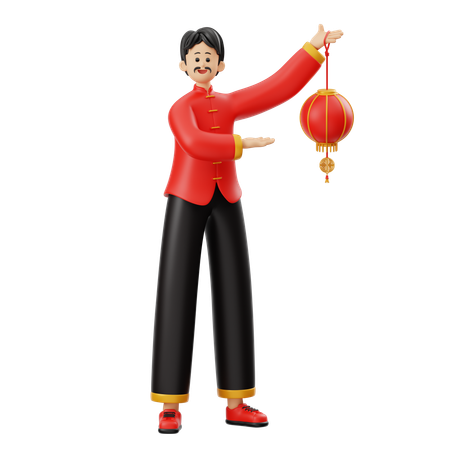 Chinese Man Character Holding Lantern  3D Illustration