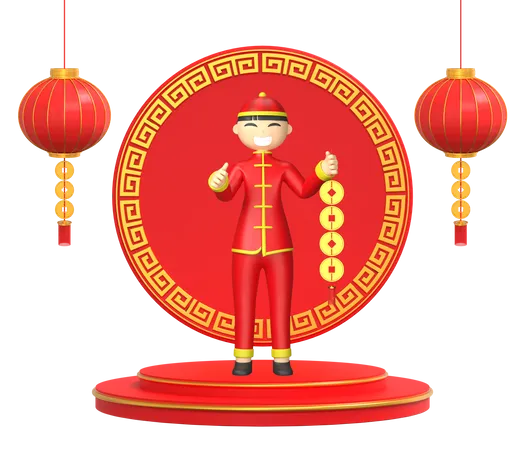 Chinese Man doing decoration for new year 3D Illustration
