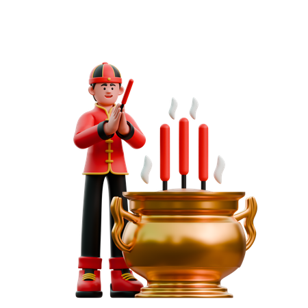 Chinese Man Doing Praying With Incense Pot  3D Illustration