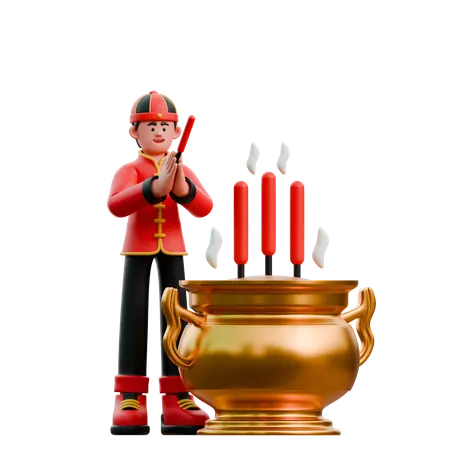 Chinese Man Doing Praying With Incense Pot  3D Illustration