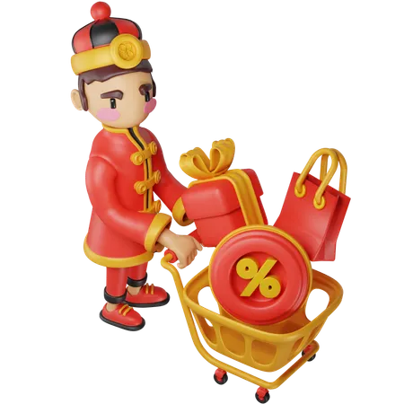 Chinese Character With Shopping Cart And Gifts 3D Illustration