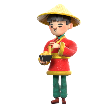 Chinese man eating noodles  3D Illustration