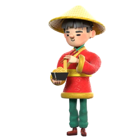 Chinese man eating noodles  3D Illustration