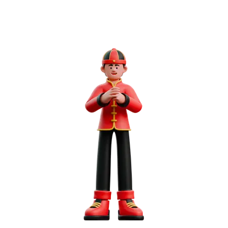 Chinese Man Giving Chinese Greeting  3D Illustration