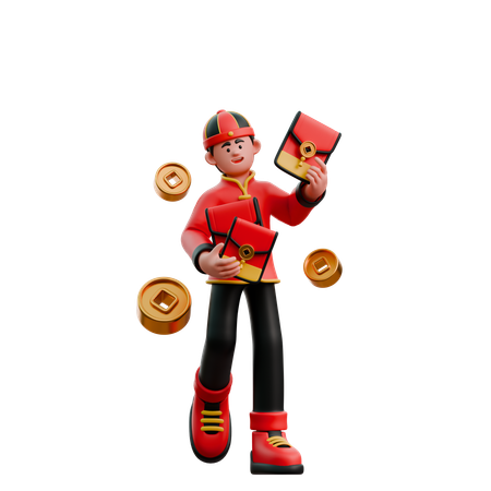 Chinese Man Handing Out Red Envelopes  3D Illustration