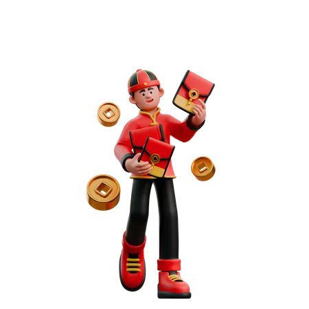 Chinese Man Handing Out Red Envelopes  3D Illustration