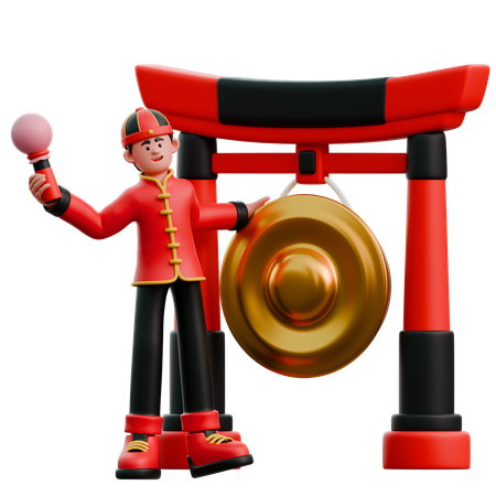 ゴングを鳴らす中国人男性  3D Illustration