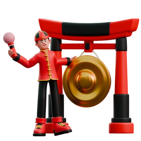 ゴングを鳴らす中国人男性  3D Illustration