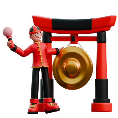 Chinese Man Hitting Gong  3D Illustration