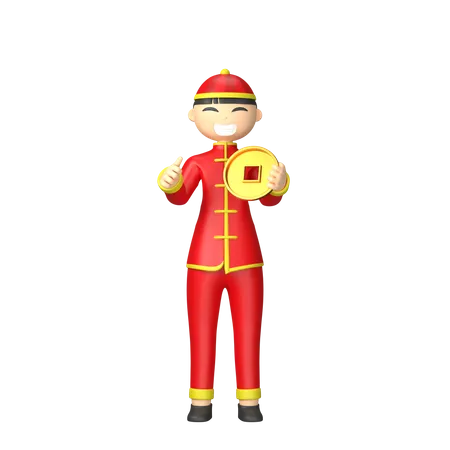Chinese man holding chinese coin 3D Illustration