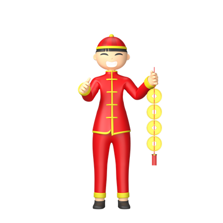 Chinese man holding chinese coin thread 3D Illustration