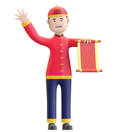 Chinese Man holding Chinese scroll letter 3D Illustration