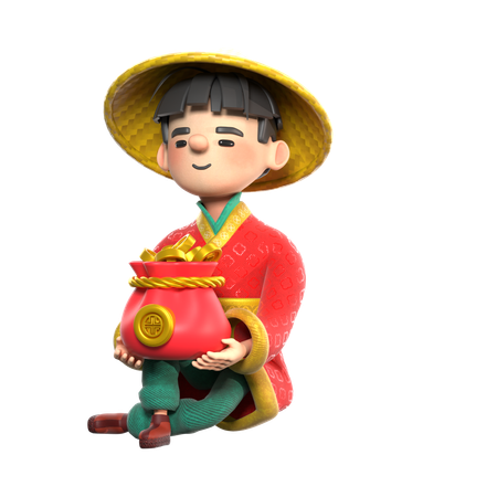 Chinese Man Holding Coins Bag  3D Illustration