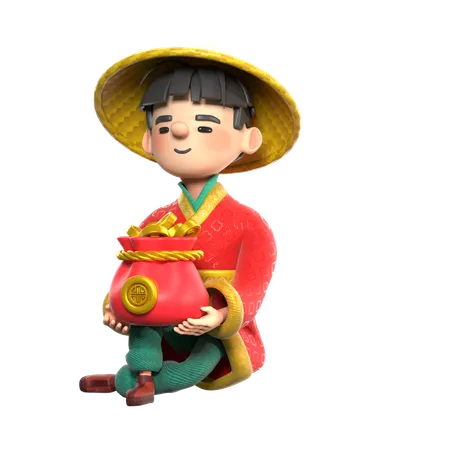 Chinese Man Holding Coins Bag  3D Illustration