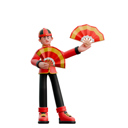 Chinese Man Holding Chinese Fan  3D Illustration