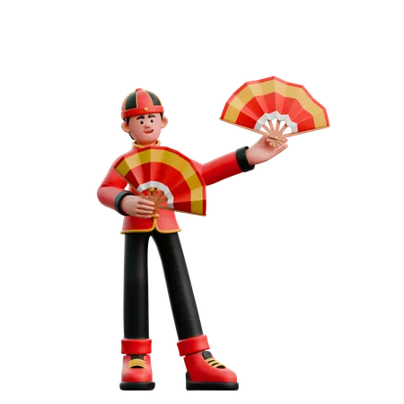 Chinese Man Holding Chinese Fan  3D Illustration