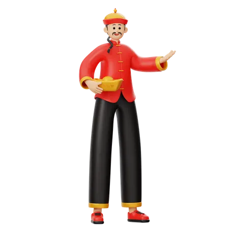 Chinese Man Holding Gold Ingot  3D Illustration