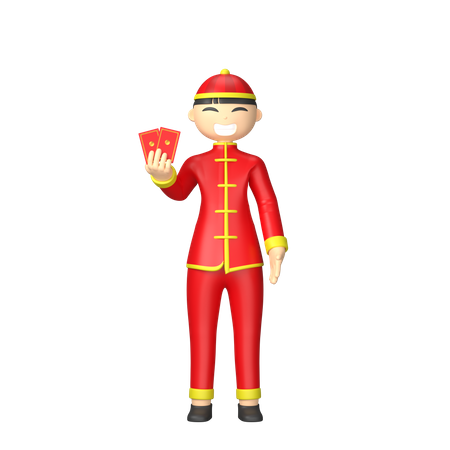 Chinese man holding red cards  3D Illustration