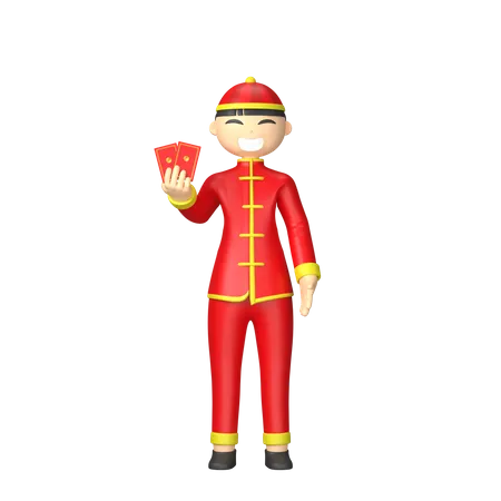 Chinese man holding red cards  3D Illustration