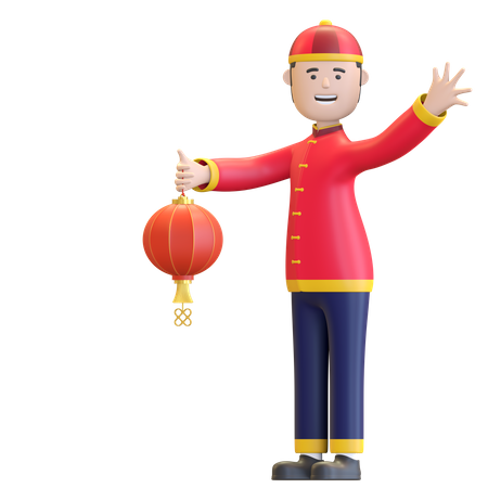 Chinese man holding red lantern  3D Illustration