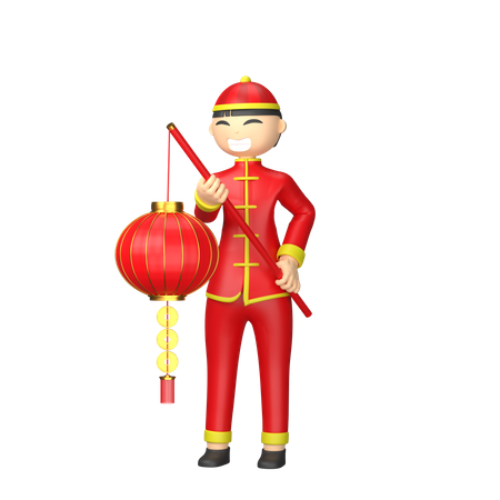 Chinese man holding red lantern 3D Illustration