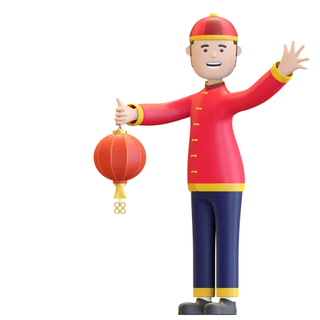 Chinese man holding red lantern  3D Illustration