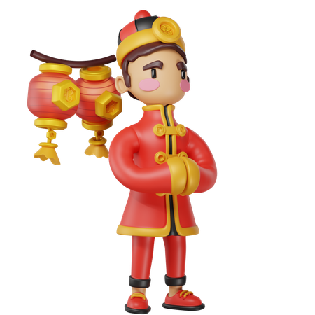 Chinese Man Holding Red Lanterns  3D Illustration
