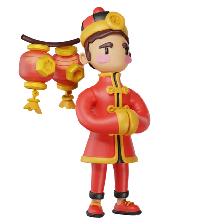 Chinese Man Holding Red Lanterns  3D Illustration
