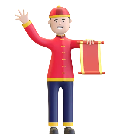 Chinese Man holding Chinese scroll letter  3D Illustration