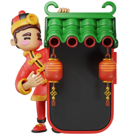 Chinese Man Is Hanging Red Lantern On Door  3D Illustration