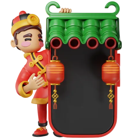 Chinese Man Is Hanging Red Lantern On Door  3D Illustration