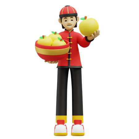 Chinese Man Is Holding Fruit Basket  3D Illustration