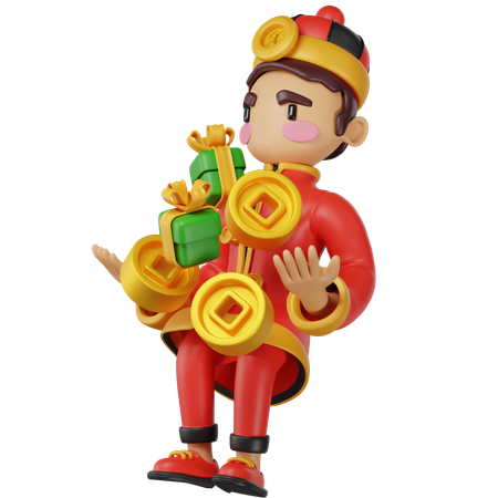 Chinese Man Is Holding Gift Boxes  3D Illustration