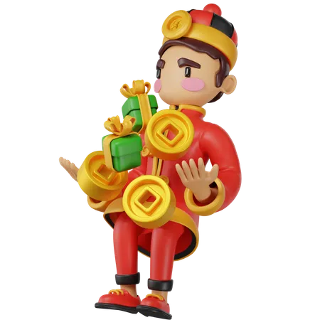 Chinese Man Is Holding Gift Boxes  3D Illustration