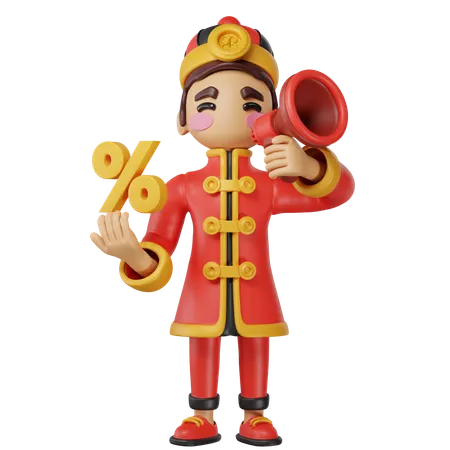 Chinese Character With Megaphone Promoting Discounts 3D Illustration