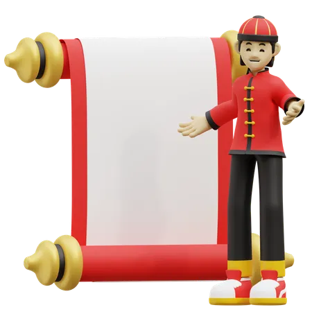 Chinese Man Is Standing Near Invitation Scroll  3D Illustration