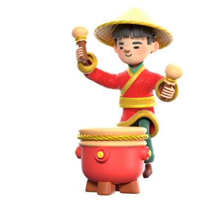 Chinese Man Playing Drum  3D Illustration