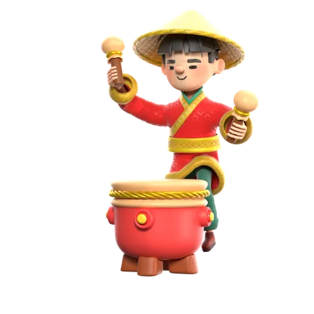 Chinese Man Playing Drum  3D Illustration