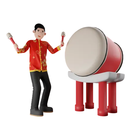 Chinese Man Playing Gong  3D Illustration