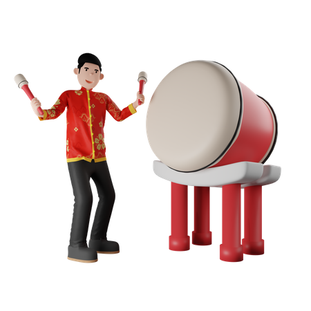 Chinese Man Playing Gong  3D Illustration