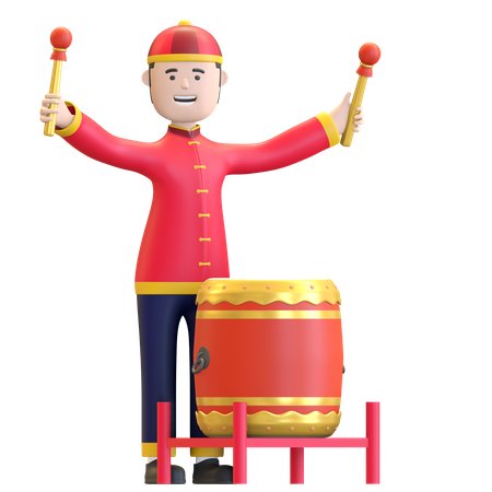 Chinese Man playing traditional percussion drum  3D Illustration