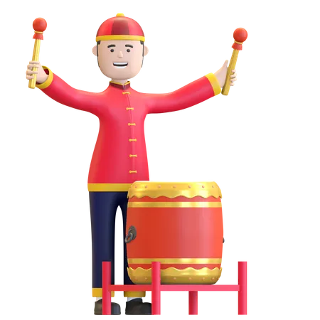 Chinese Man playing traditional percussion drum  3D Illustration