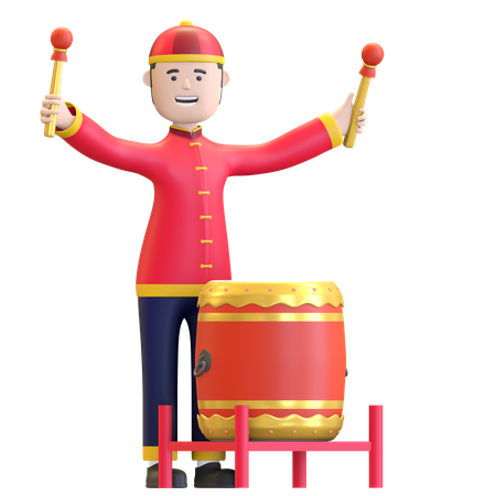 Chinese Man playing traditional percussion drum 3D Illustration