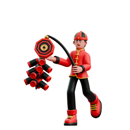 Chinese Man Playing With Fireworks  3D Illustration