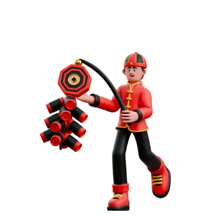 Chinese Man Playing With Fireworks  3D Illustration