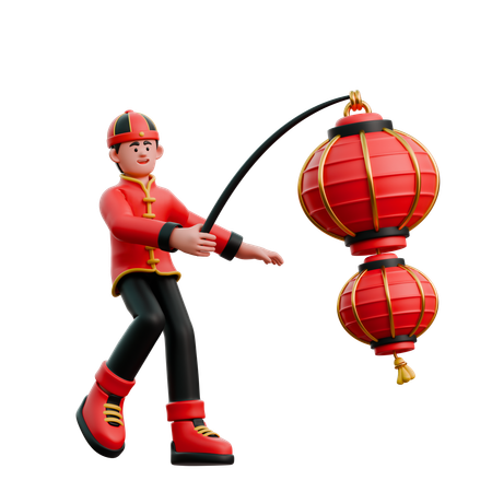 Chinese Man Playing With Chinese Lantern  3D Illustration