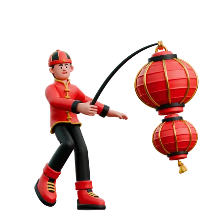 Chinese Man Playing With Chinese Lantern  3D Illustration