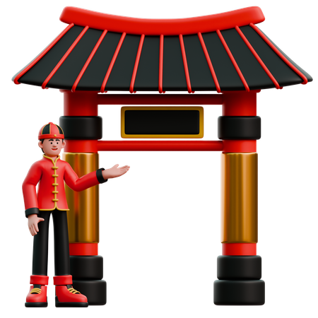 Chinese Man Showing Gate Of China  3D Illustration