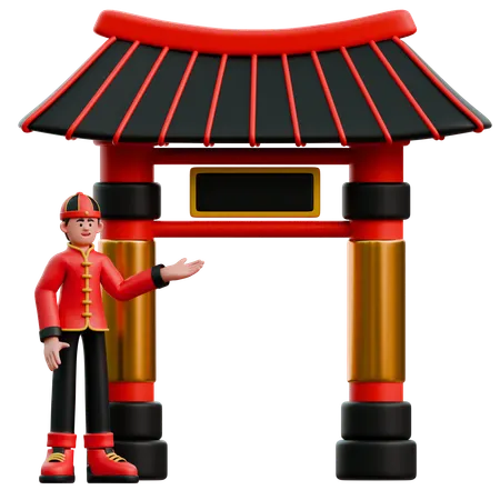 Chinese Man Showing Gate Of China  3D Illustration